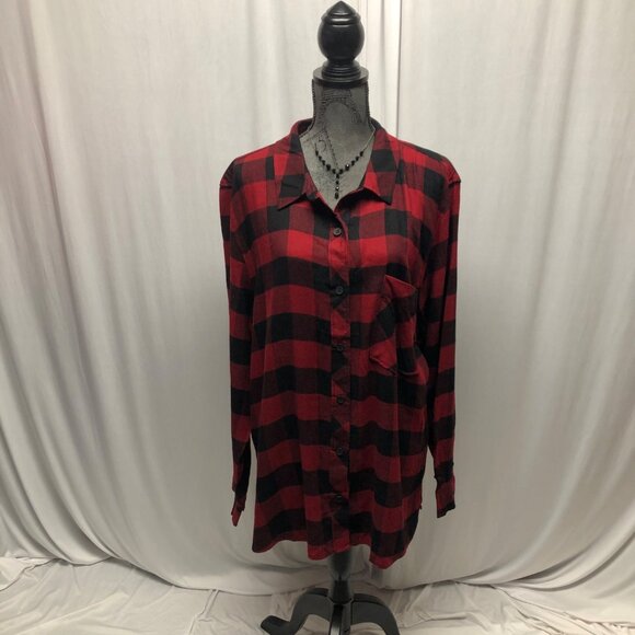 Becool Red Black Buffalo Plaid Button Up Long Shirt Womens Size 1XL Flannel NEW - Picture 1 of 8